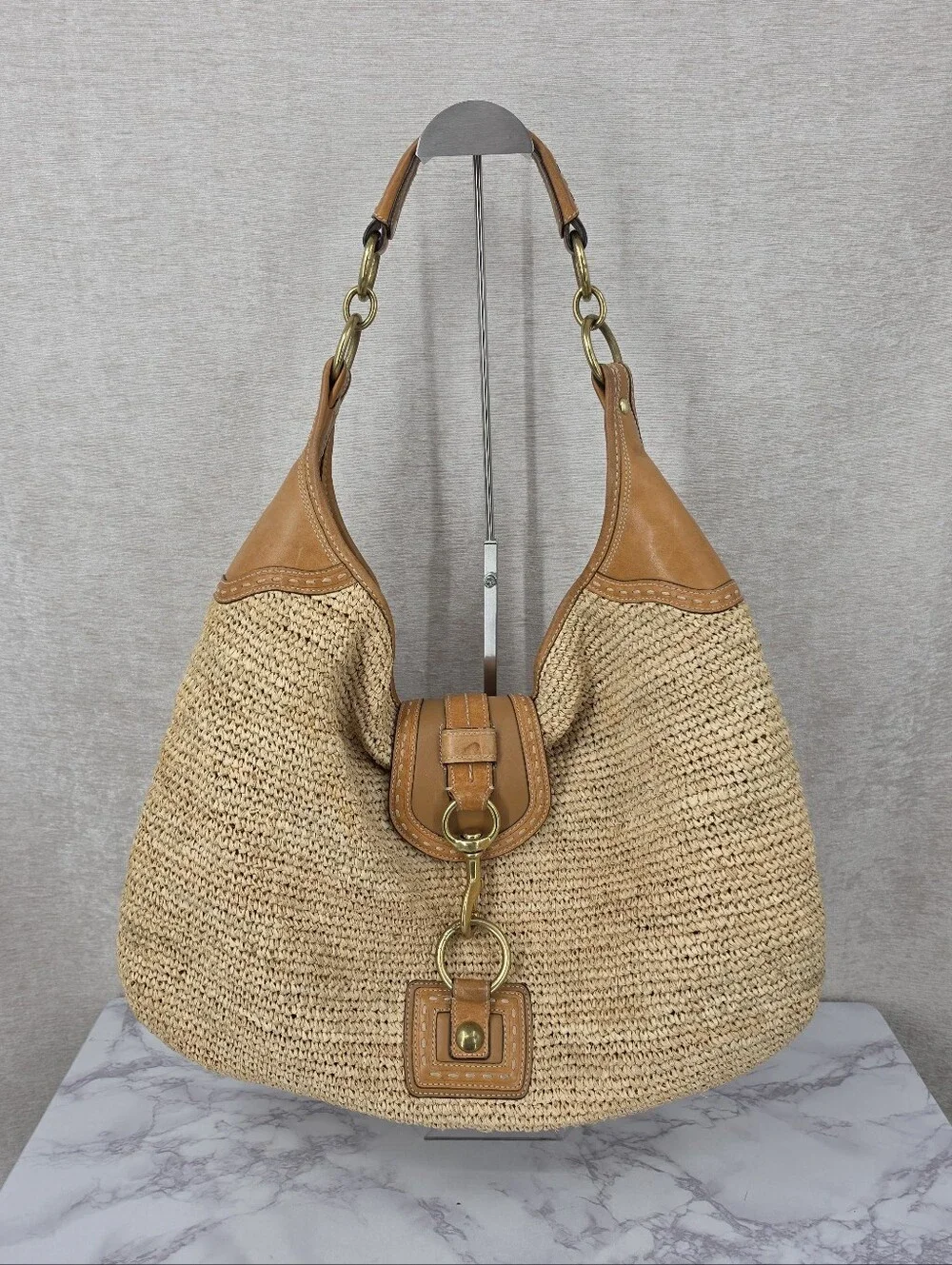 Coach Bleecker Millie Straw Raffia Leather Hobo Bag Summer Coastal Preppy